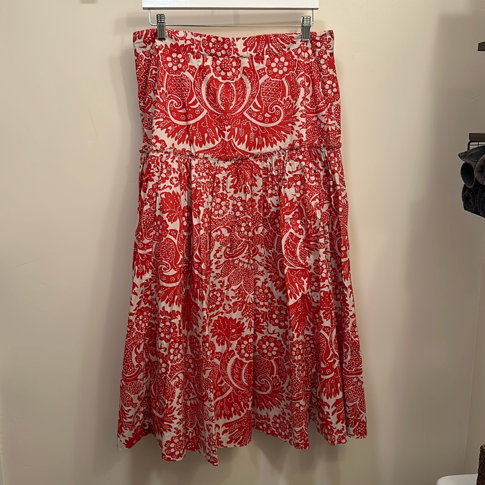 Sundance Fit and Flare cotton poplin skirt, orange and ivory print, Large.